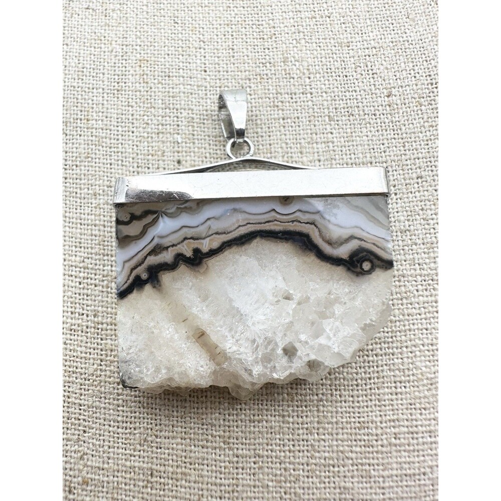 Silver Tone Lace Agate Druzy Pendant